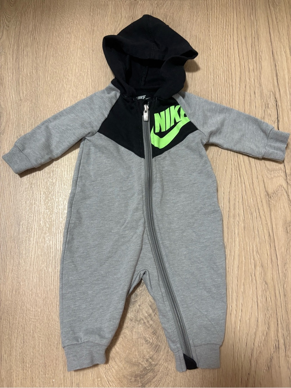 Nike Gray & Black Hooded Baby One-Piece with Neon Logo